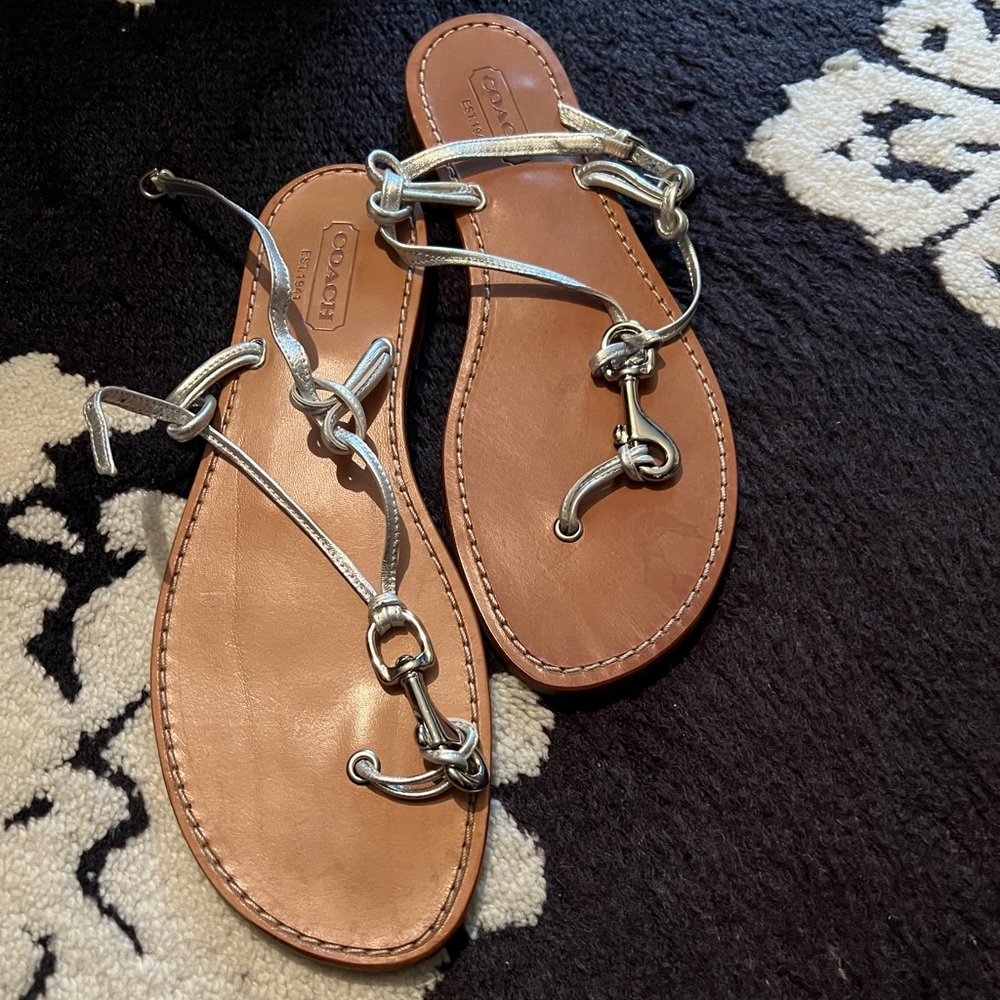 Coach Silver and Tan Leather Sandals, size 9M
